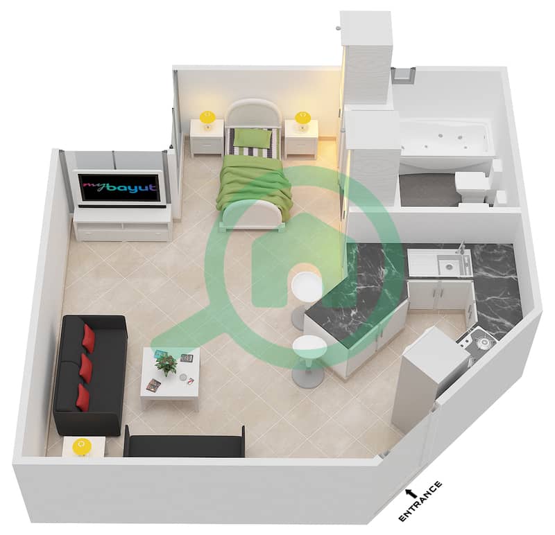 Al Thamam 01 - Studio Apartment Type 2C Floor plan interactive3D