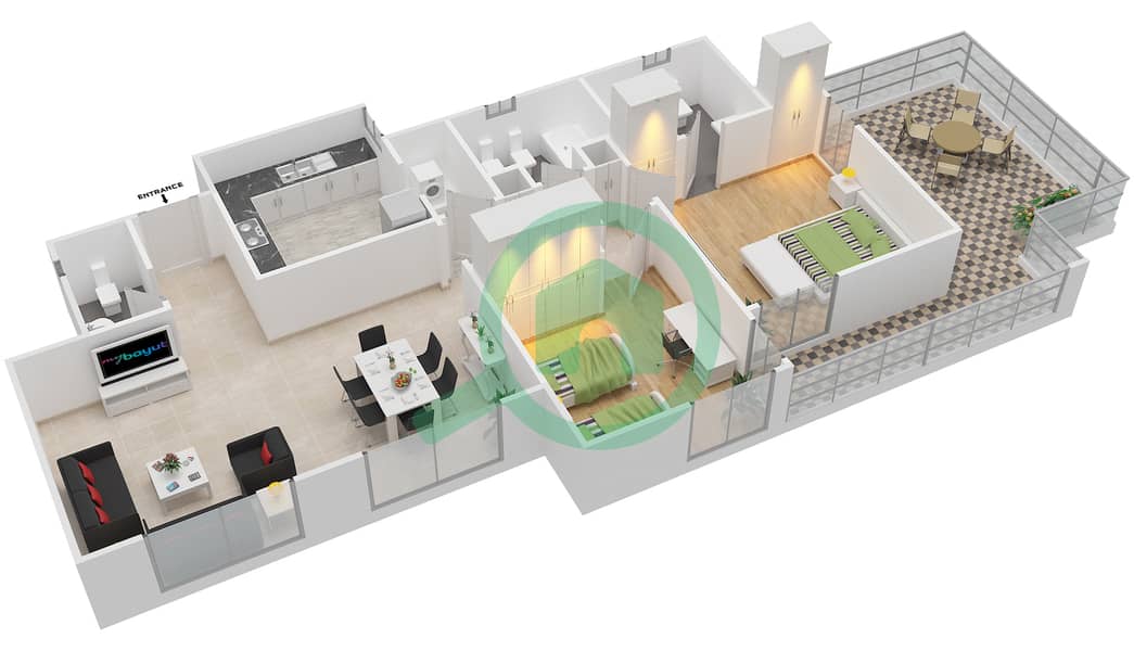 Al Thamam 01 - 2 Bedroom Apartment Type 3C Floor plan interactive3D