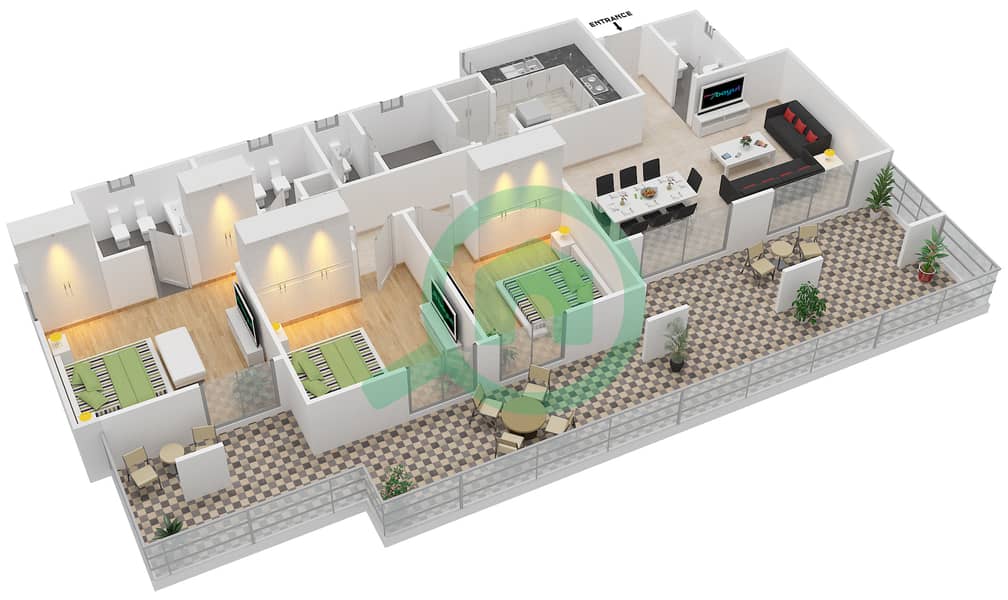 Al Thamam 06 - 3 Bedroom Apartment Type 2 Floor plan interactive3D