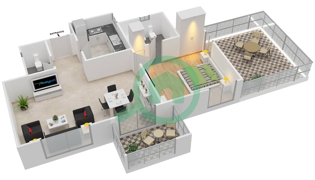 Al Thamam 06 - 1 Bedroom Apartment Type 2 Floor plan interactive3D