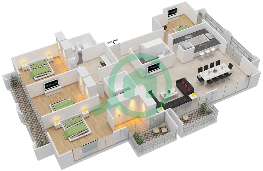 伽兹1号 - 4 卧室公寓单位4戶型图 Floor 1-3 interactive3D