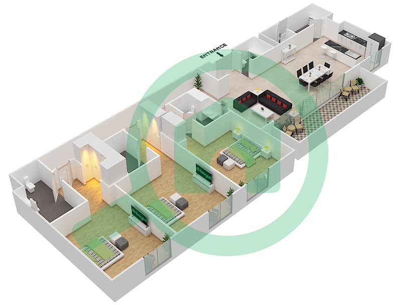 المخططات الطابقية لتصميم النموذج / الوحدة C1/105,205,305 شقة 3 غرف نوم - نيكي بيتش ريزيدنس Floor 1-3 interactive3D