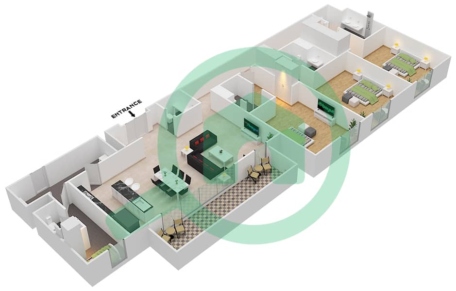 Никки Бич Резорт & Спа Дубай - Апартамент 3 Cпальни планировка Тип/мера C/104,204,207,210,304,306 Floor 1-4 interactive3D