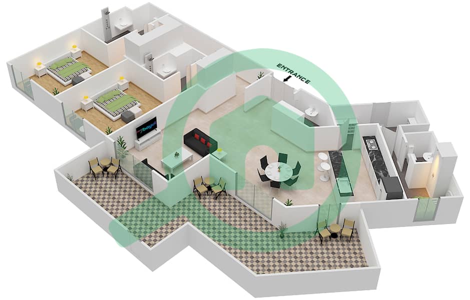 المخططات الطابقية لتصميم النموذج / الوحدة B/G03 شقة 2 غرفة نوم - نيكي بيتش ريزيدنس Ground Floor interactive3D