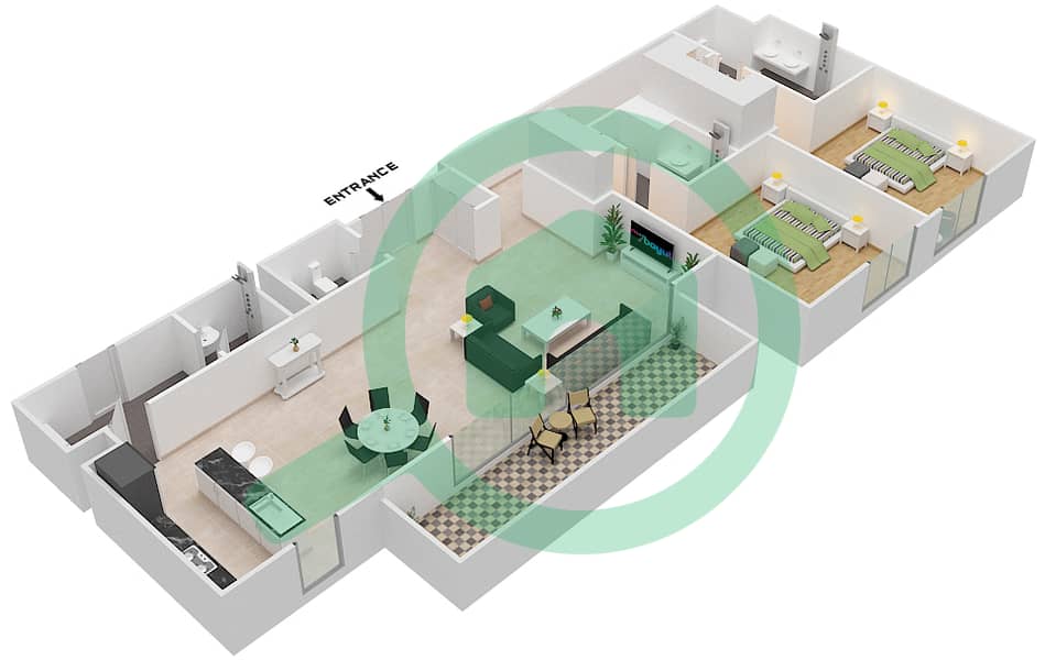 المخططات الطابقية لتصميم النموذج / الوحدة A1/101, 201 شقة 2 غرفة نوم - نيكي بيتش ريزيدنس Floor 1-2 interactive3D