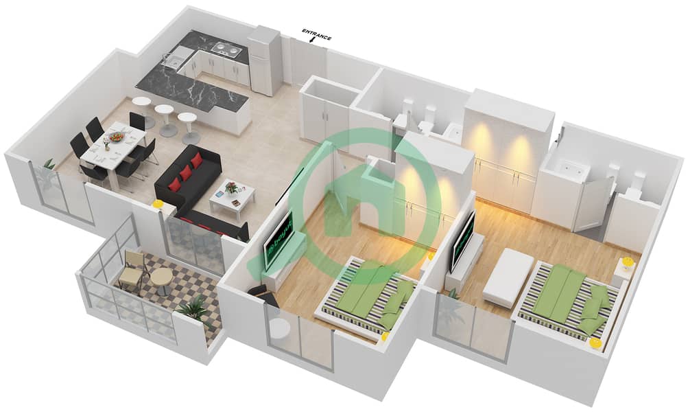 المخططات الطابقية لتصميم النموذج 4 شقة 2 غرفة نوم - الثمام 09 interactive3D