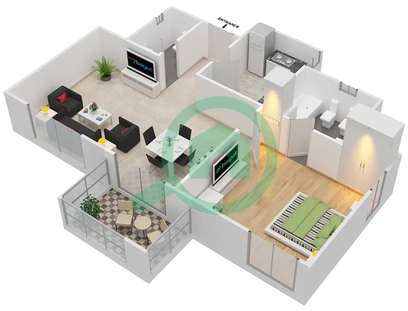 المخططات الطابقية لتصميم النموذج 1A شقة 1 غرفة نوم - الثمام 09 interactive3D