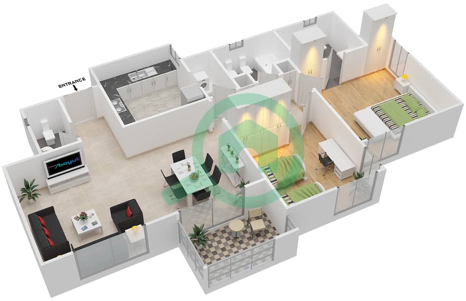 المخططات الطابقية لتصميم النموذج 2A شقة 2 غرفة نوم - الثمام 09 interactive3D