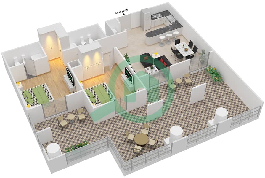 المخططات الطابقية لتصميم النموذج 2D شقة 2 غرفة نوم - الثمام 09 interactive3D