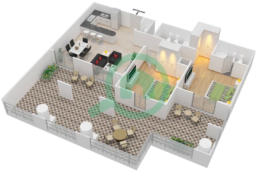 المخططات الطابقية لتصميم النموذج 3B شقة 2 غرفة نوم - الثمام 09 interactive3D