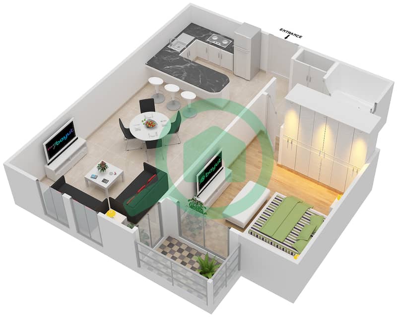 المخططات الطابقية لتصميم النموذج 3 شقة 1 غرفة نوم - الثمام 09 interactive3D