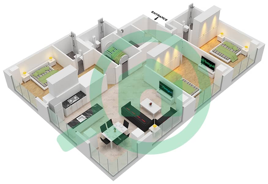 المخططات الطابقية لتصميم النموذج / الوحدة T7/401 شقة 3 غرف نوم - بيكسل interactive3D