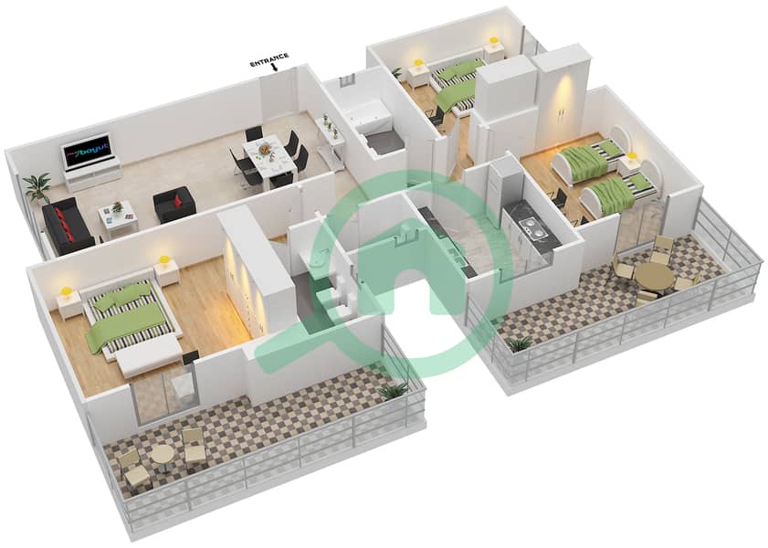 المخططات الطابقية لتصميم النموذج 1C شقة 3 غرف نوم - الثمام 15 interactive3D