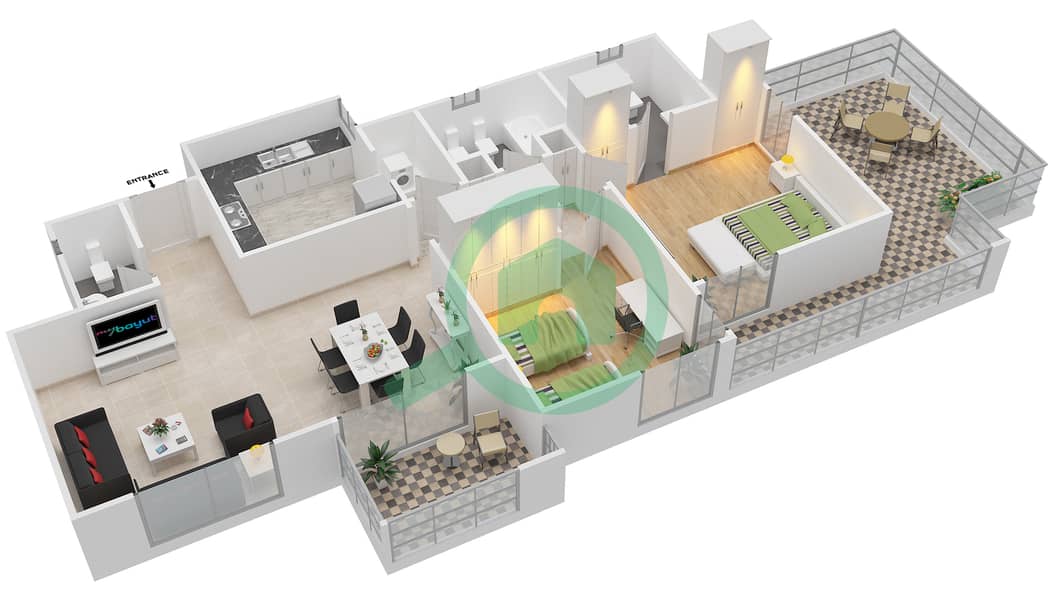 المخططات الطابقية لتصميم النموذج 1B شقة 2 غرفة نوم - الثمام 15 interactive3D