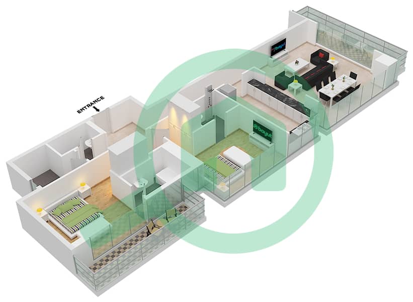 Марина Аркейд Тауэр - Апартамент 2 Cпальни планировка Тип A interactive3D