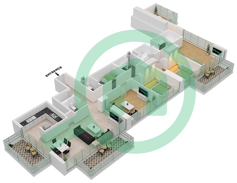 المخططات الطابقية لتصميم الوحدة 02 شقة 3 غرف نوم - بوليفارد هايتس برج 1 Floor 49 interactive3D