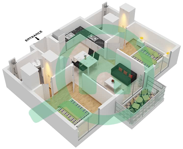 المخططات الطابقية لتصميم النموذج A شقة 2 غرفة نوم - ذا نوك interactive3D