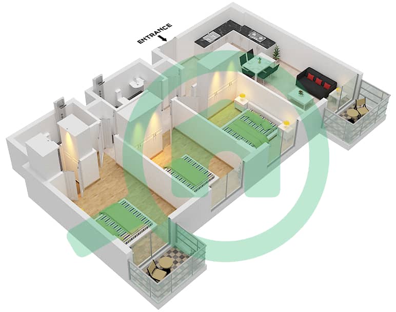 Нук - Апартамент 3 Cпальни планировка Тип C interactive3D