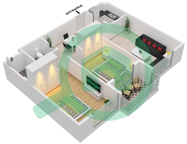 المخططات الطابقية لتصميم الوحدة 1 شقة 2 غرفة نوم - أوليفز من الدانوب interactive3D