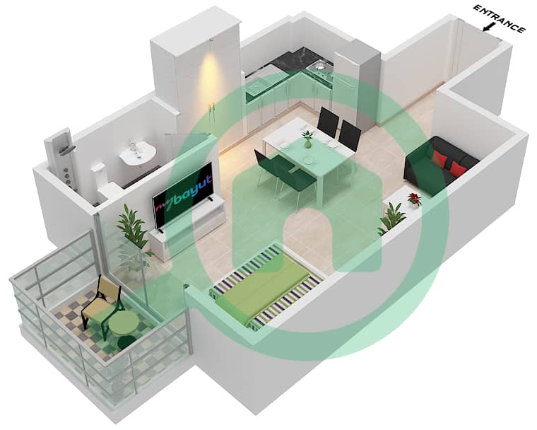 Резиденс Оливз - Апартамент Студия планировка Тип 02 interactive3D