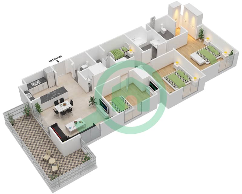 المخططات الطابقية لتصميم النموذج D شقة 3 غرف نوم - وترز أج interactive3D