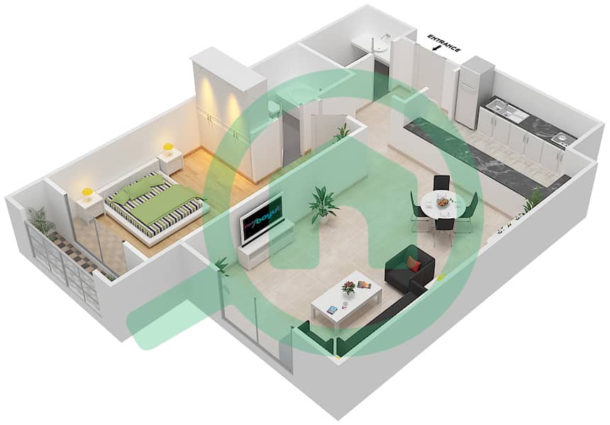 المخططات الطابقية لتصميم النموذج A شقة 1 غرفة نوم - حدائق مصفح interactive3D