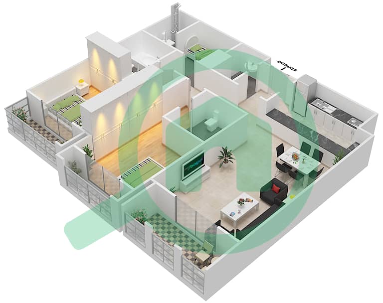 المخططات الطابقية لتصميم النموذج B شقة 2 غرفة نوم - حدائق مصفح interactive3D