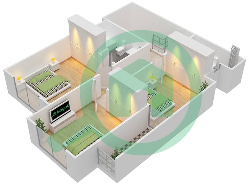 المخططات الطابقية لتصميم النموذج C شقة 3 غرف نوم - حدائق مصفح interactive3D