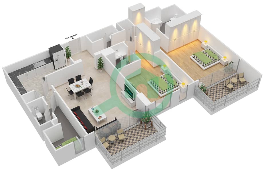 Азур - Апартамент 2 Cпальни планировка Тип 2B interactive3D