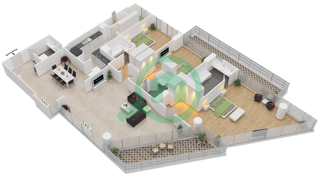 蔚蓝海岸公寓 - 3 卧室公寓类型3C戶型图 interactive3D