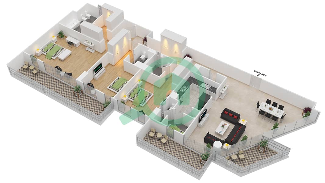 蔚蓝海岸公寓 - 3 卧室公寓类型3C.1戶型图 interactive3D