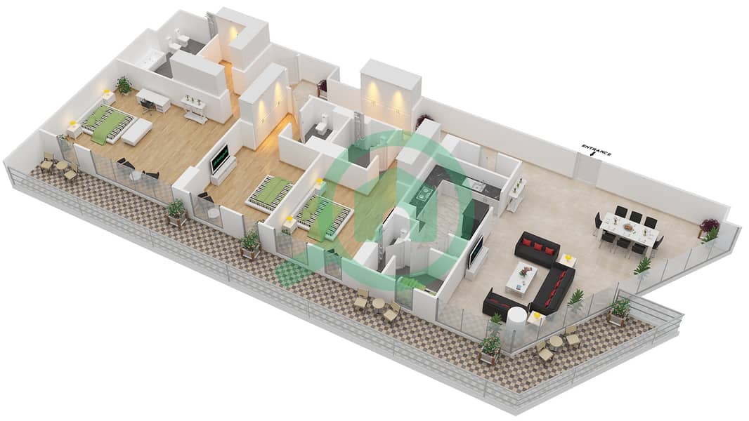 Azure - 3 Bedroom Apartment Type 3A.1 WITH BALCONY Floor plan interactive3D
