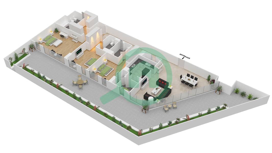 蔚蓝海岸公寓 - 3 卧室公寓类型3A WITH BALCONY戶型图 interactive3D