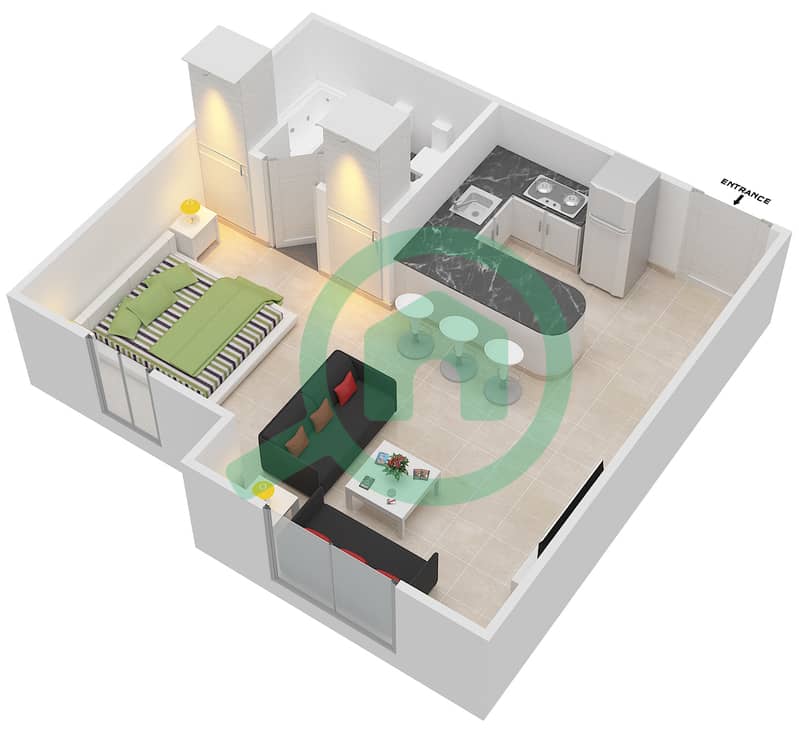 Al Thamam 61 - Studio Apartment Type 3A Floor plan interactive3D
