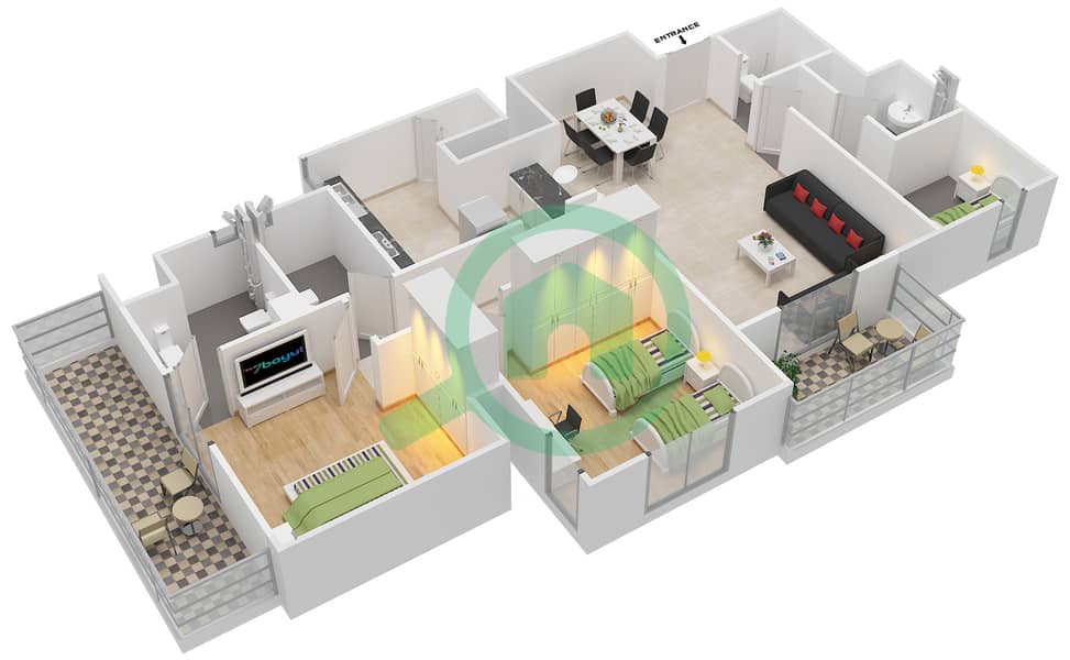 Аль Рамт 26 - Апартамент 2 Cпальни планировка Тип 1A interactive3D