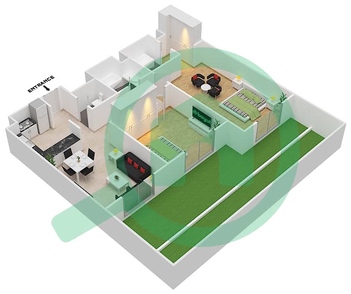 المخططات الطابقية لتصميم النموذج 1 شقة 2 غرفة نوم - روكسانا ريزيدنس interactive3D
