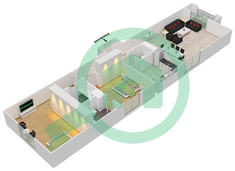罗克萨纳公寓 - 2 卧室公寓类型2B戶型图 interactive3D