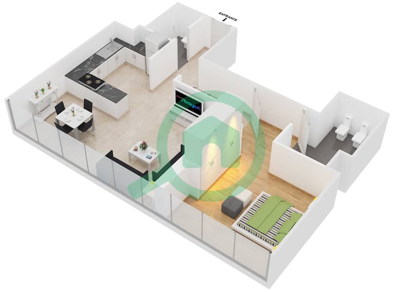 المخططات الطابقية لتصميم الوحدة 11 شقة 1 غرفة نوم - مساكن النسيم B Ground Floor interactive3D
