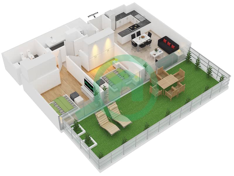 المخططات الطابقية لتصميم الوحدة 3 شقة 2 غرفة نوم - مساكن النسيم B Ground Floor interactive3D