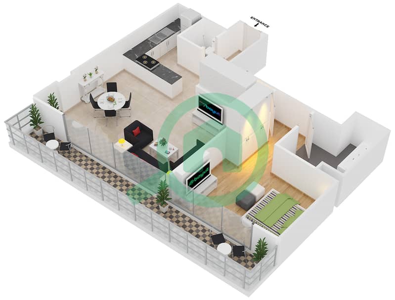 المخططات الطابقية لتصميم الوحدة 205 شقة 1 غرفة نوم - مساكن النسيم B Second Floor interactive3D