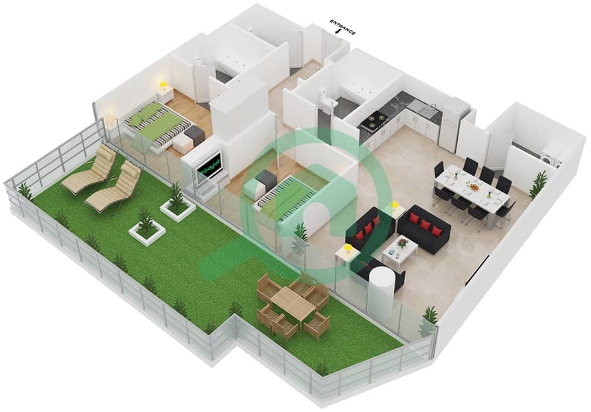 Al Naseem Residence B - 2 Bedroom Apartment Unit 1 Floor plan Ground Floor interactive3D