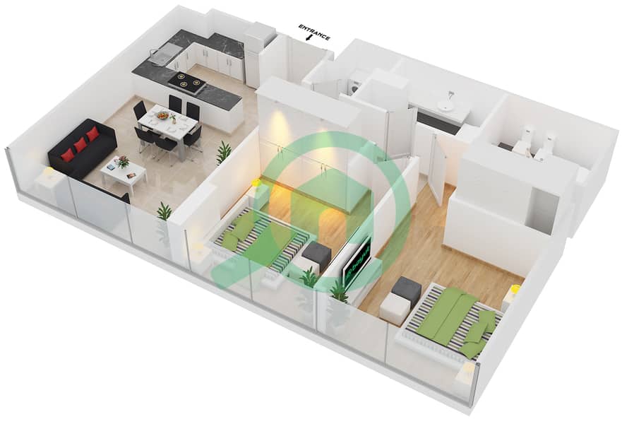 Резиденция Аль Насим Б - Апартамент 2 Cпальни планировка Единица измерения 10 Ground Floor interactive3D