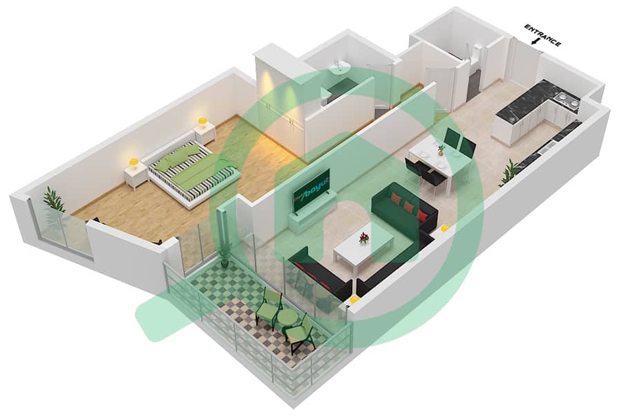 Авеню Аль Мултака - Апартамент 1 Спальня планировка Тип 0A interactive3D