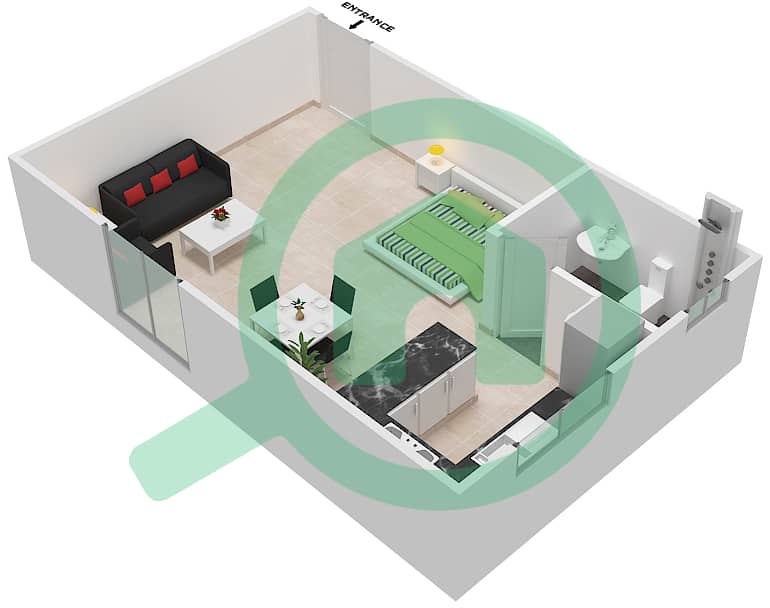 المخططات الطابقية لتصميم الوحدة 2,12 شقة استوديو - بناية روز 1 interactive3D