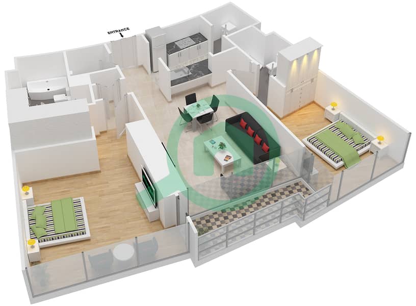 المخططات الطابقية لتصميم الوحدة 4 FLOOR 24 شقة 2 غرفة نوم - العنوان رزيدنس فاونتن فيوز 1 Floor 24,26,28,30,32,34,36,38,40,42,44,46 interactive3D