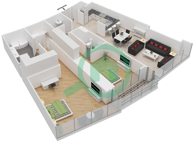 المخططات الطابقية لتصميم الوحدة 4 FLOOR 4,6 شقة 2 غرفة نوم - العنوان رزيدنس فاونتن فيوز 1 Floor 4,6,8,10,12,14,16,18,20 interactive3D