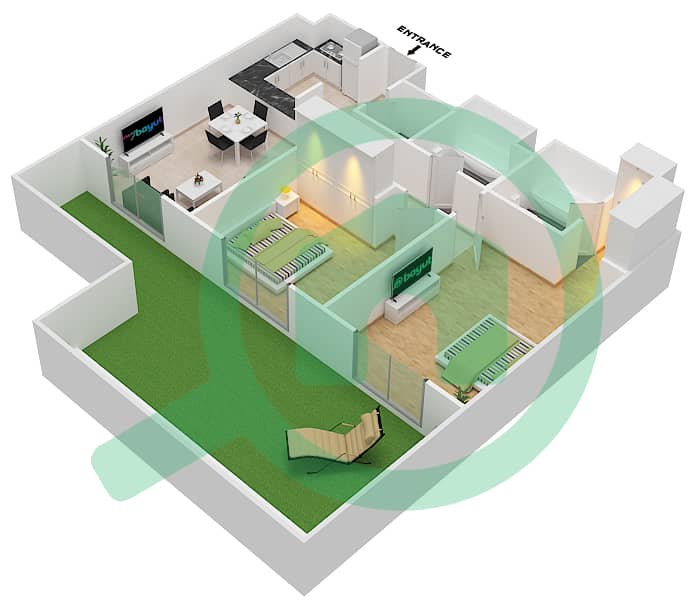 Роксана Резиденсес - Апартамент 2 Cпальни планировка Тип 3 interactive3D