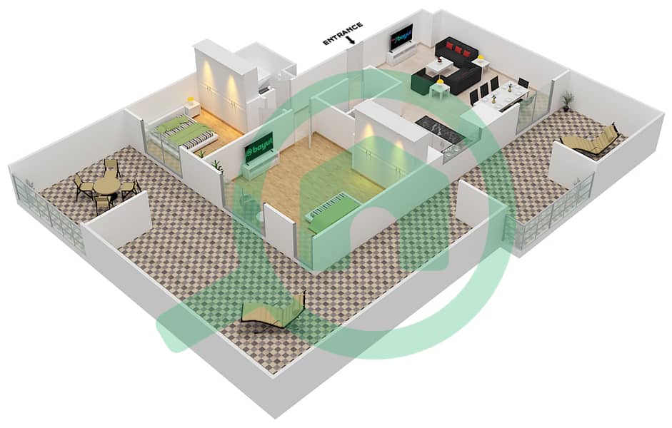 Роксана Резиденсес - Апартамент 2 Cпальни планировка Тип 4 interactive3D