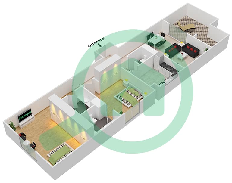 Роксана Резиденсес - Апартамент 2 Cпальни планировка Тип 5 interactive3D