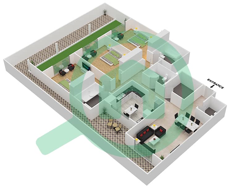 المخططات الطابقية لتصميم النموذج 1A شقة 3 غرف نوم - روكسانا ريزيدنس interactive3D